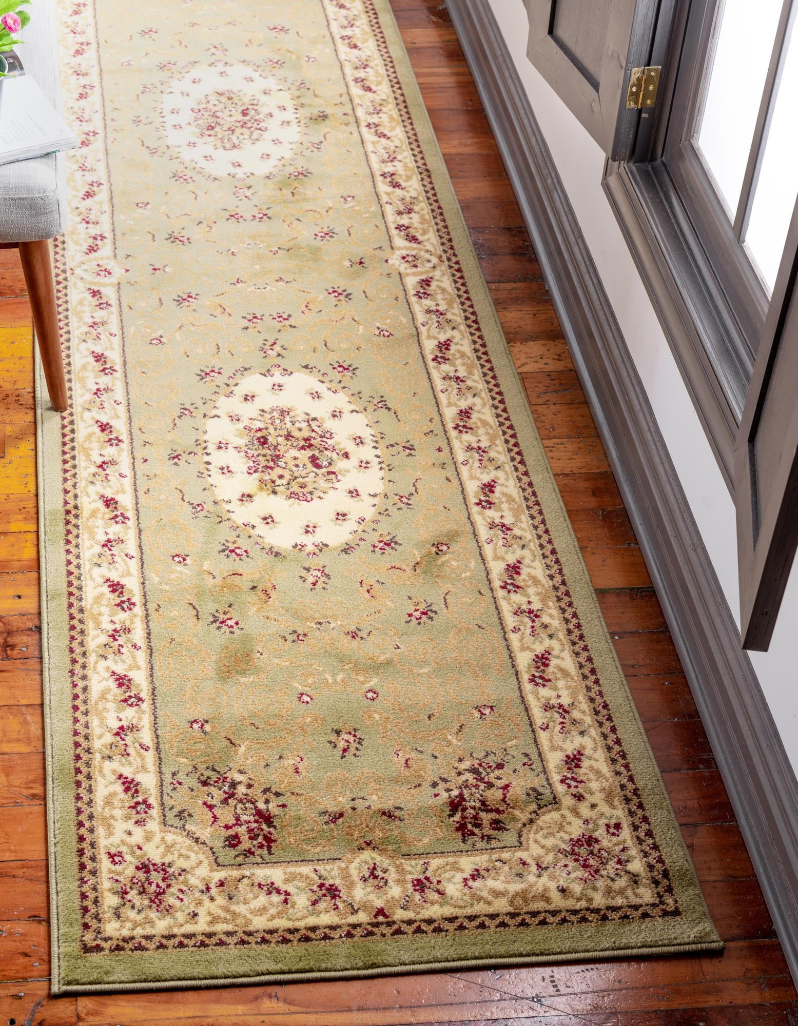 Green and Cream Medallion Motif Runner Rug