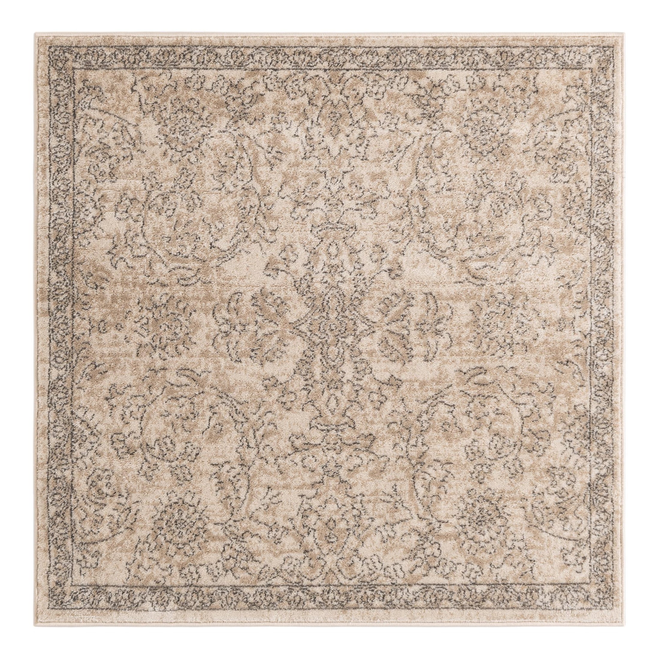 Ivory Floral Vine Motif Easy-Care Square Rug 4'