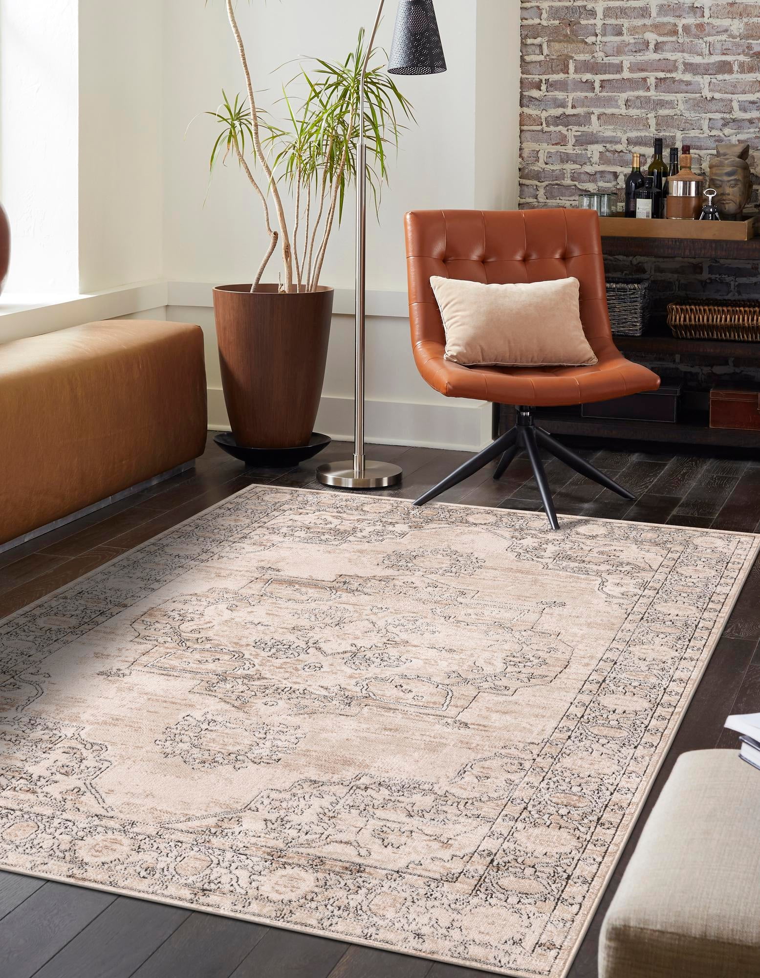 Ivory and Beige Rectangular Stain-Resistant Area Rug