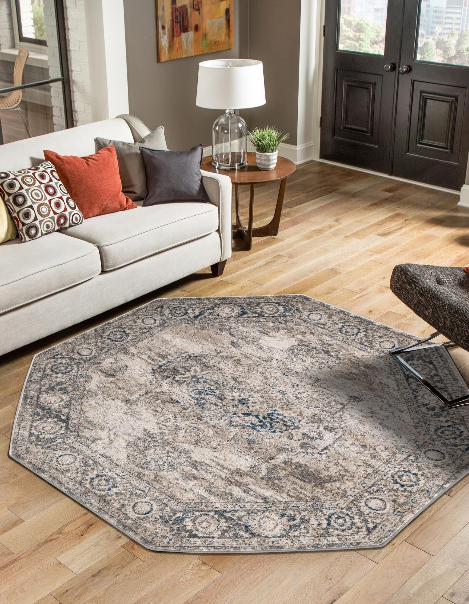 Gray and Blue Geometric Synthetic Octagonal Area Rug