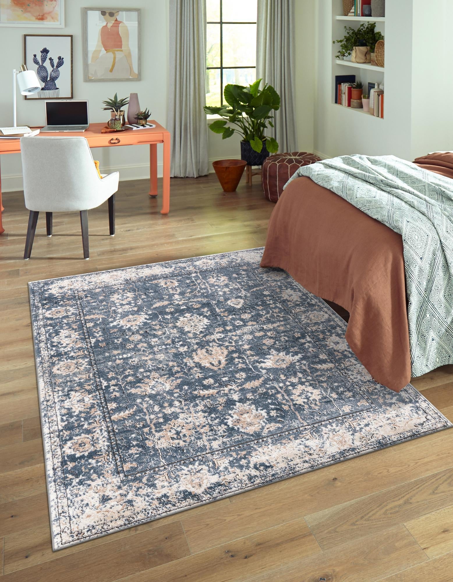 Blue and Beige Geometric Stain-Resistant Area Rug 10' x 14'