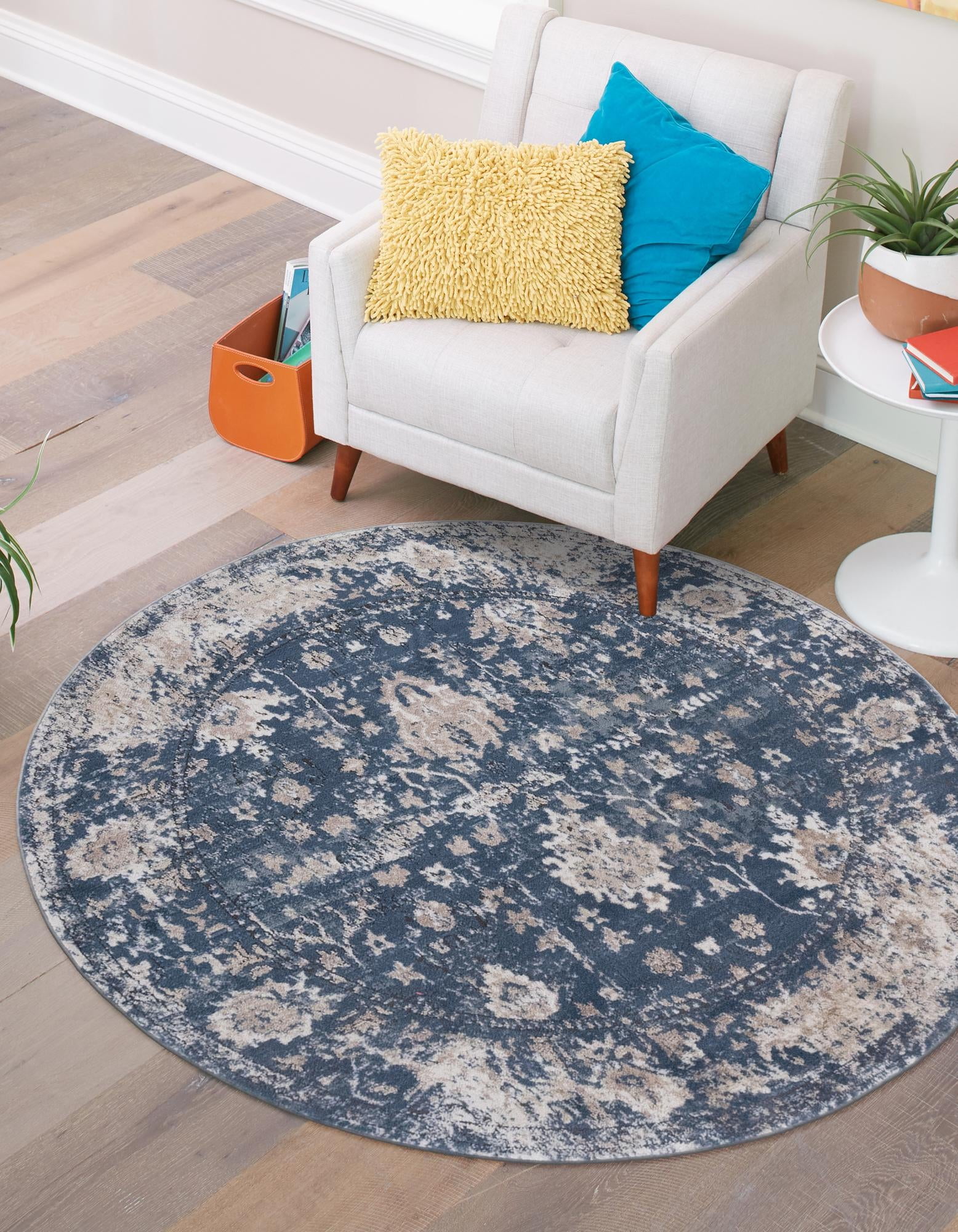 Portland Blue and Beige Round Geometric Synthetic Rug