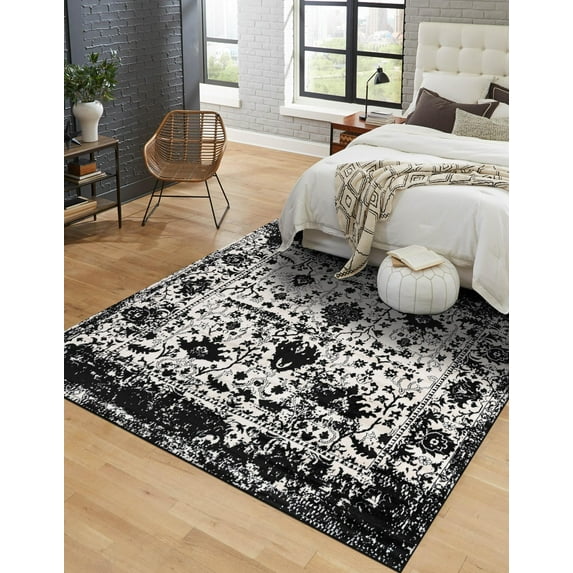 Unique Loom Portland Collection Area Rug - Central (4' 1" Square Black and White/Black)