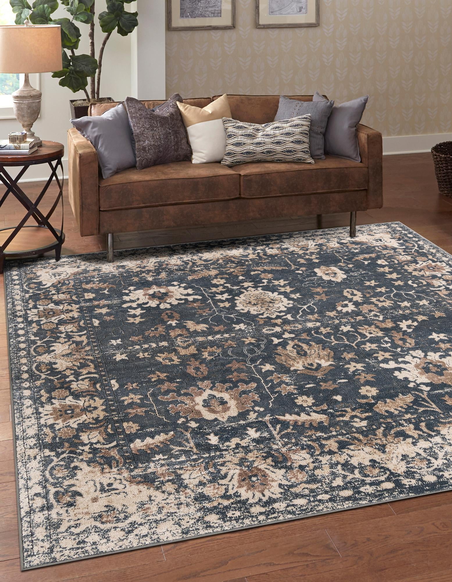 Modern Blue Square Indoor Easy-Care Stain-Resistant Rug
