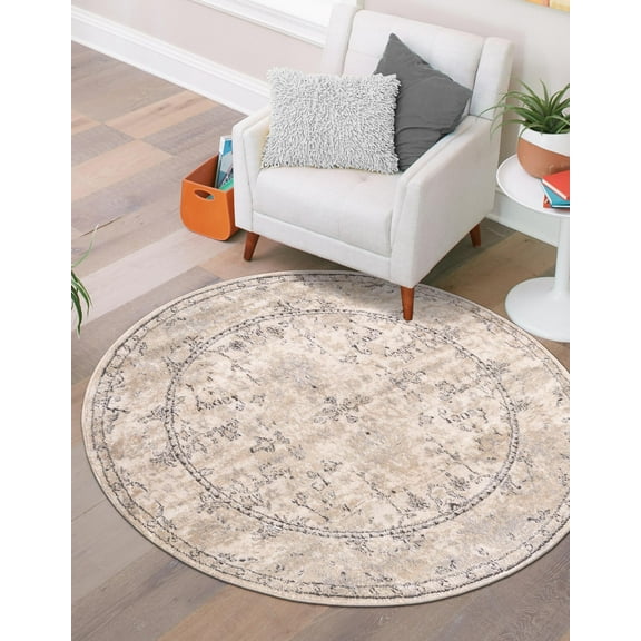Unique Loom Portland Collection Area Rug - Central (7' 1" Round Ivory/Gray)