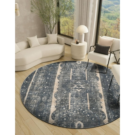 Unique Loom Portland Collection Area Rug - Depoe (3' 3" Round Blue/Beige)