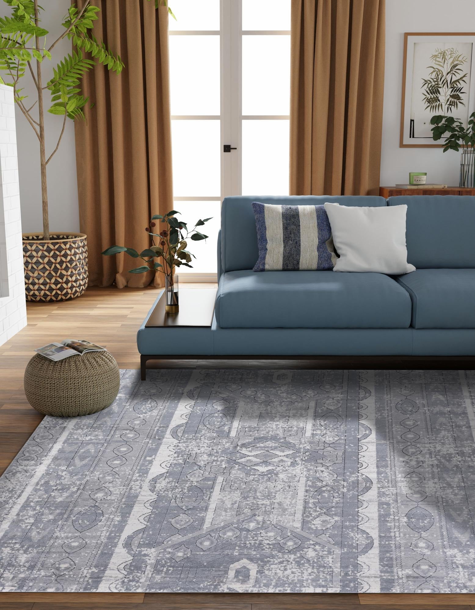Gray Geometric Square Stain-Resistant Area Rug