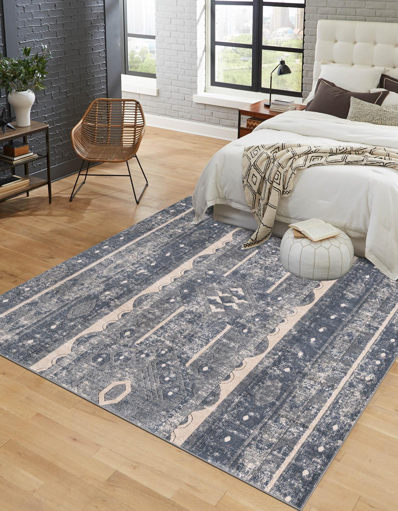 Serenity Square Indoor Rug in Blue/Ivory - Stain-Resistant Synthetic Weave