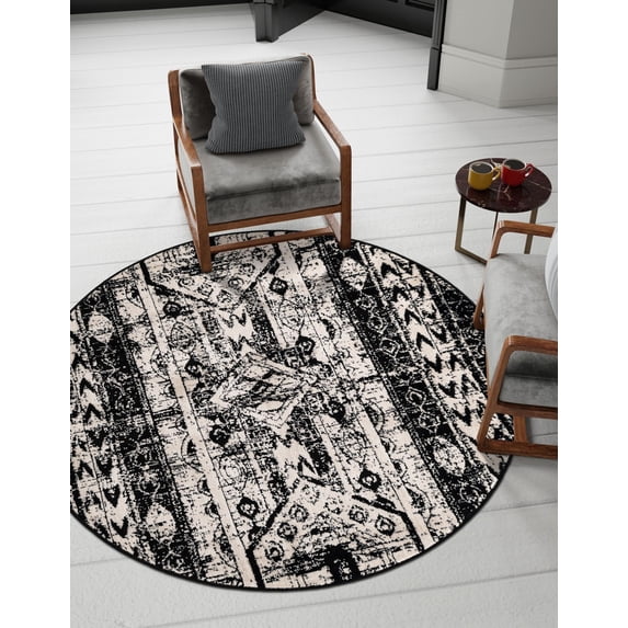 Unique Loom Portland Collection Area Rug - Depoe (7' Round Black and White/Black)