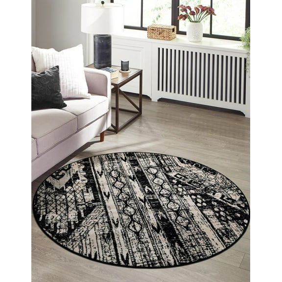 Unique Loom Portland Collection Area Rug - Orford (3' 3" Round Black and White/Black)