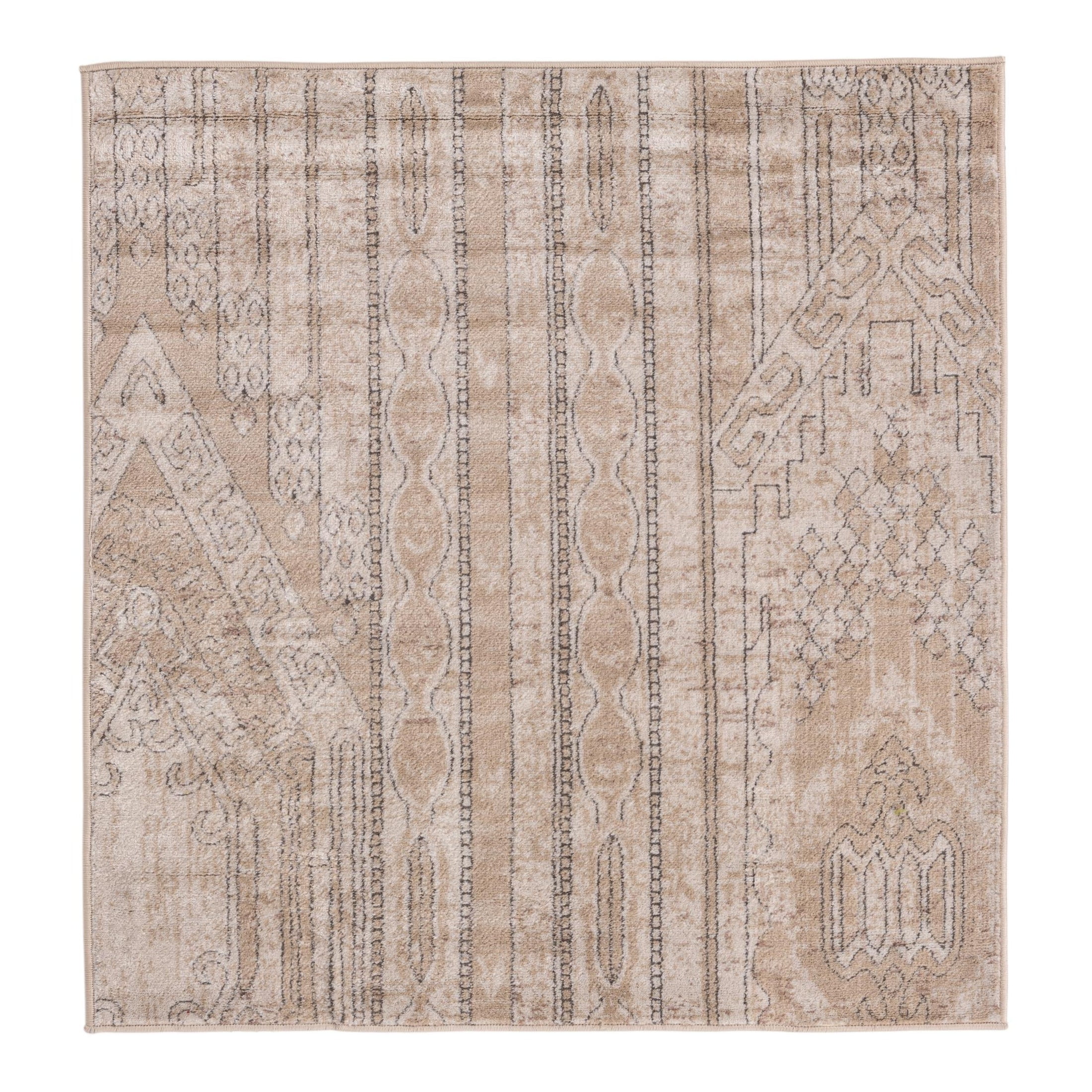 Square Tan Ivory Synthetic Easy-Care Geometric Area Rug