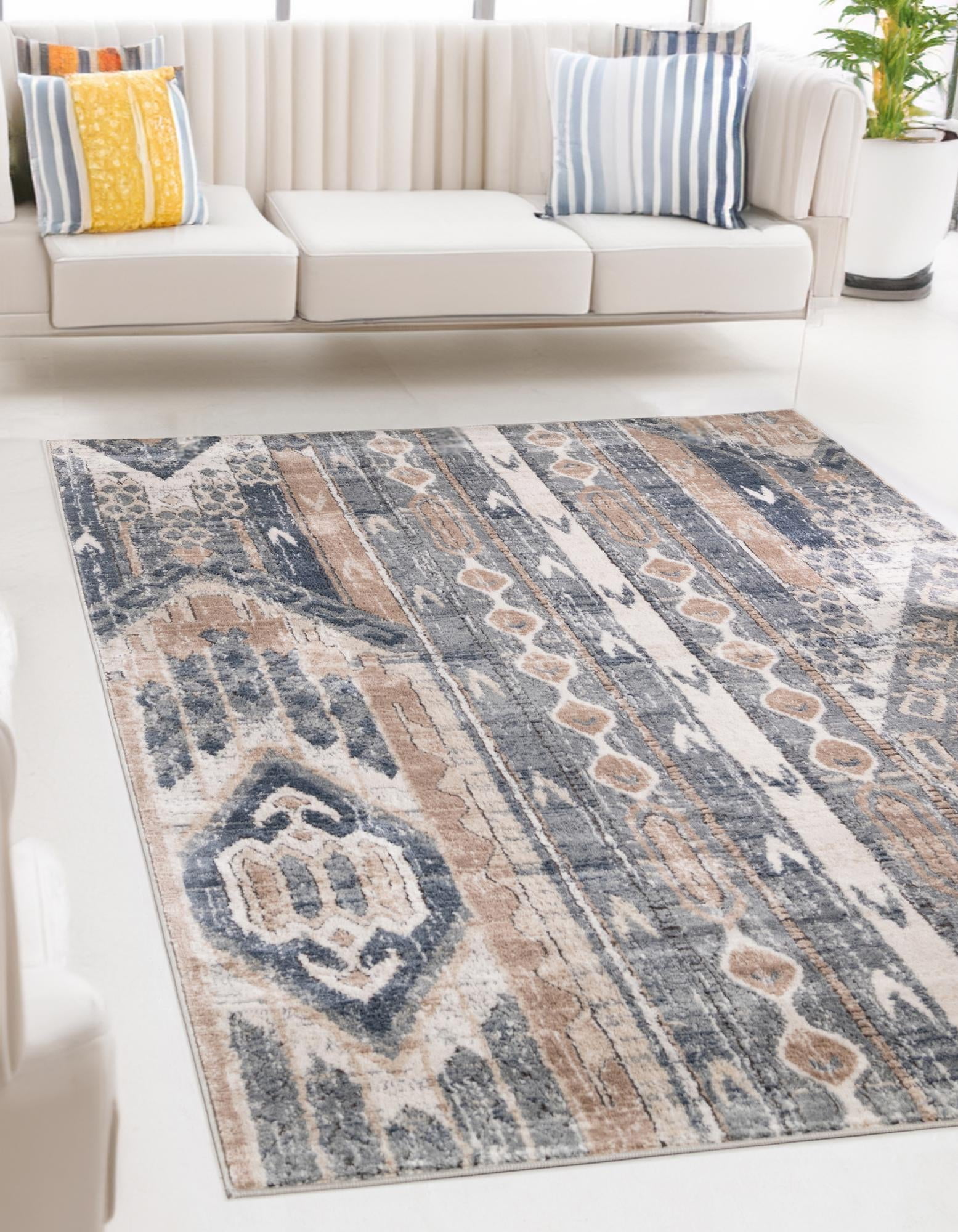 Navy Blue Geometric 6' x 9' Easy-Care Synthetic Rug