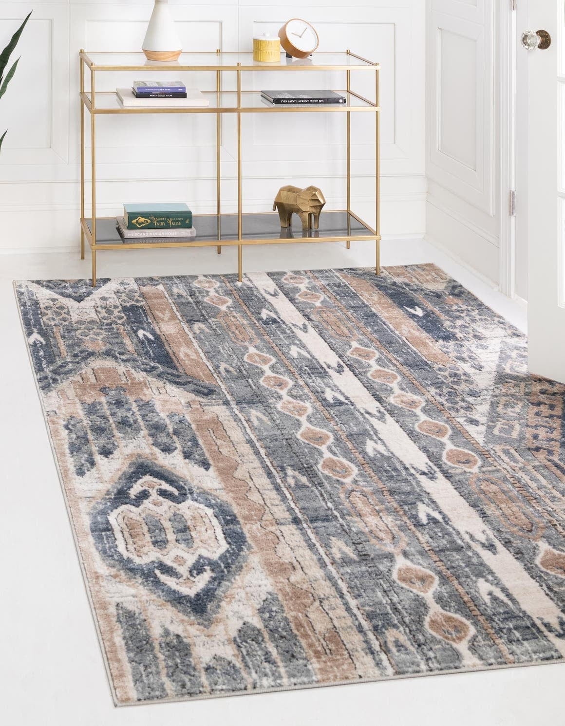 Navy Blue Rectangular Geometric Indoor Area Rug, Easy Care & Stain-resistant
