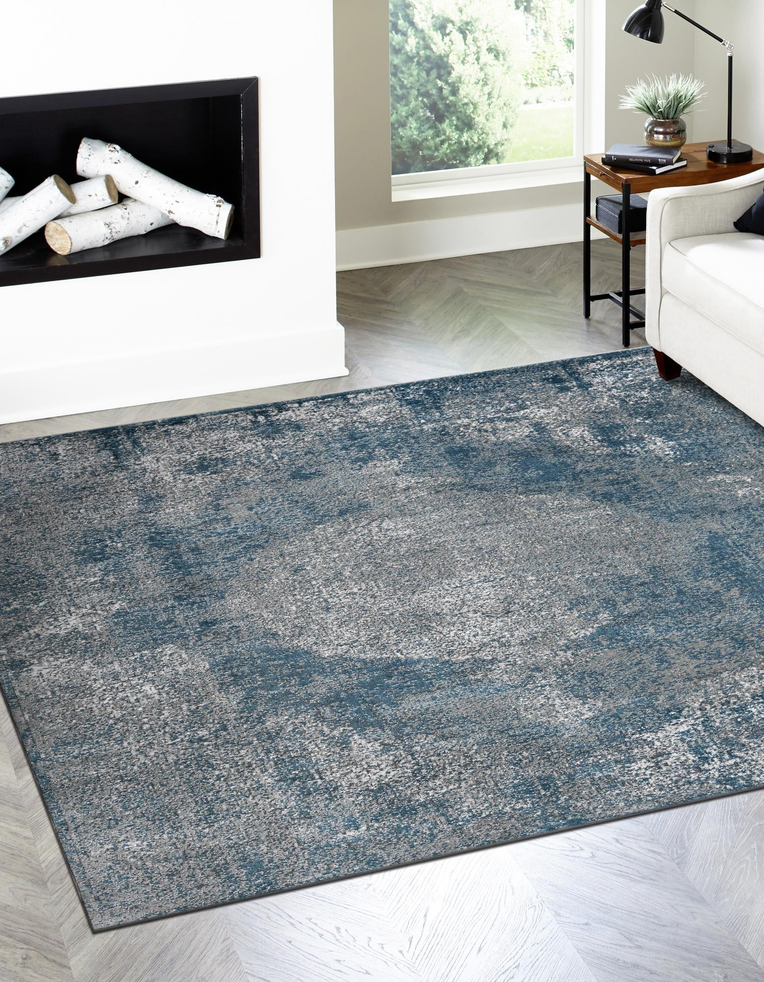 Soothing Blue Geometric 4' Square Synthetic Rug