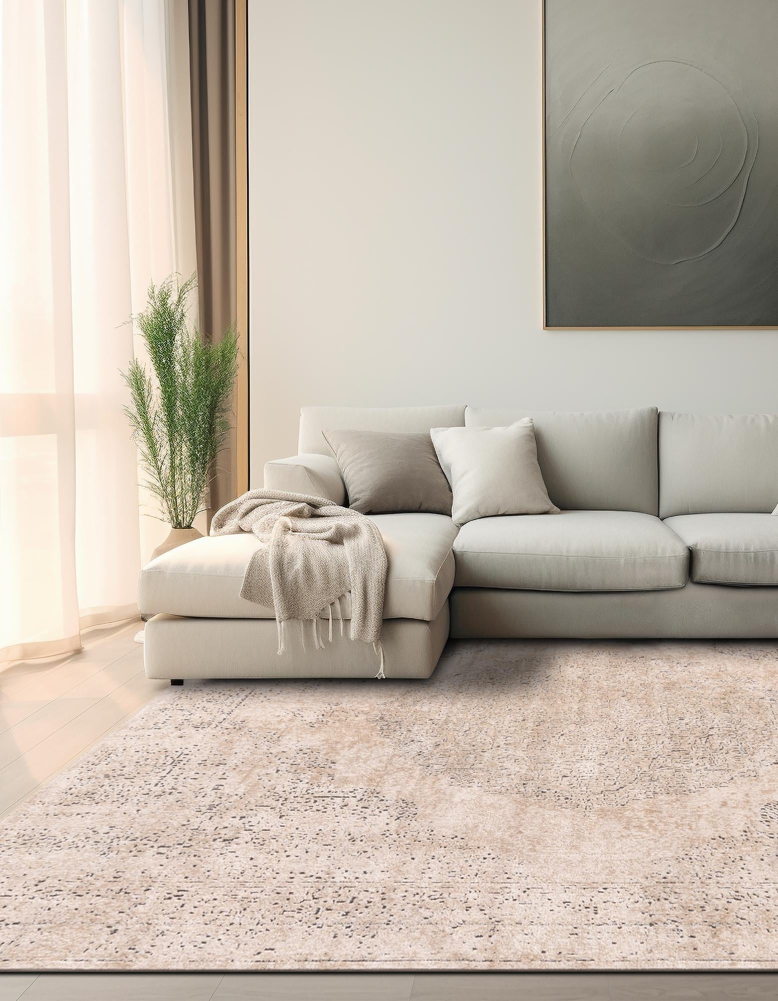 Ivory Geometric Square Stain-Resistant Synthetic Rug