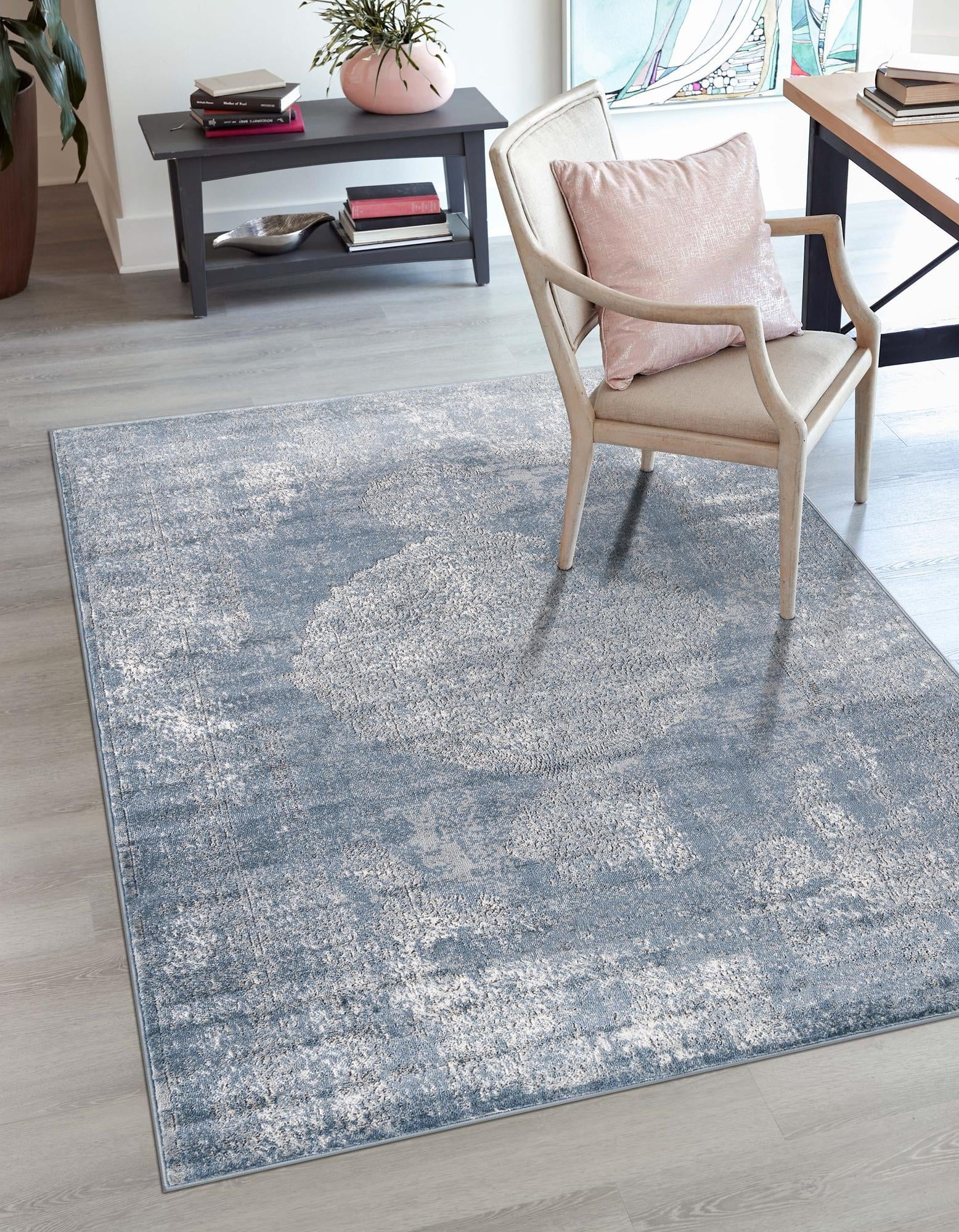 Blue and Ivory Geometric Stain-Resistant Area Rug