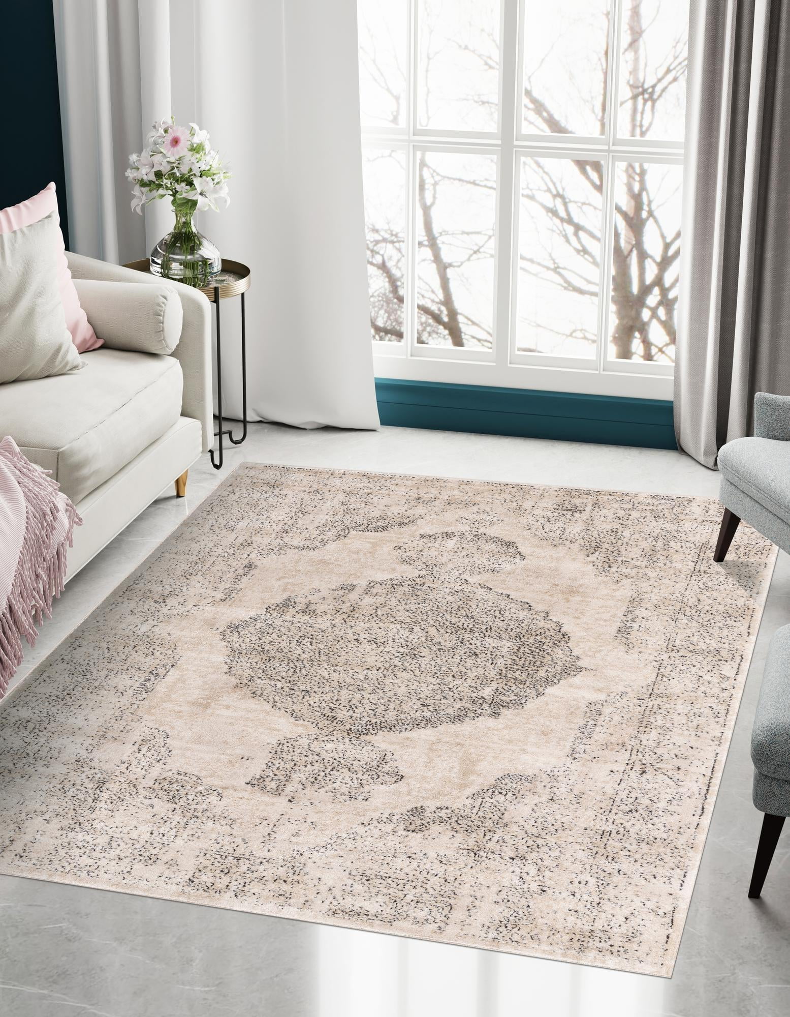 Ivory Medallion Easy-Care 9'x12' Rectangular Synthetic Rug