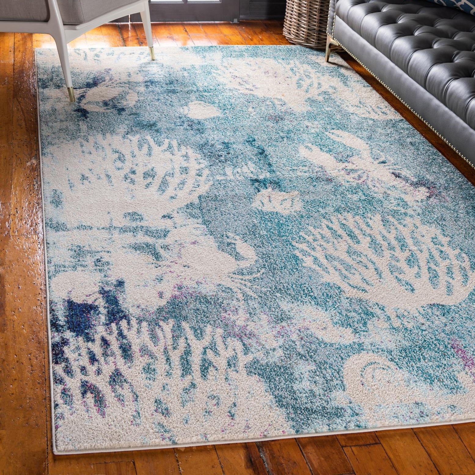 Light Blue and Beige Rectangular Synthetic Area Rug 4' x 6'