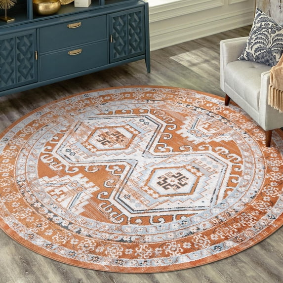 Unique Loom Charlotte Collection Area Rug - Quail (3' 1" Round Terracotta/Light Blue)