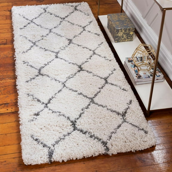 Unique Loom Rabat Shag Collection Area Rug - Fractured (2' 7" x 6' 1" Runner Ivory/Gray)