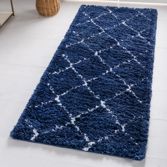 Unique Loom Rabat Shag Collection Area Rug - Fractured (2' 7" x 6' 1" Runner Navy Blue/Ivory)
