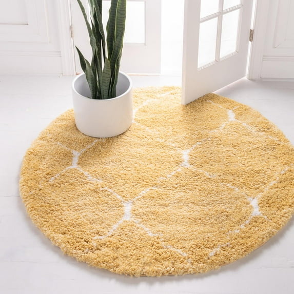 Unique Loom Rabat Shag Collection Area Rug - Fractured (5' 1" Round Yellow/Ivory)