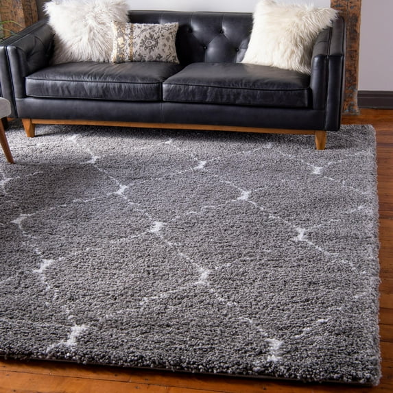 Unique Loom Rabat Shag Collection Area Rug - Fractured (7' 10" Square Gray/Ivory)