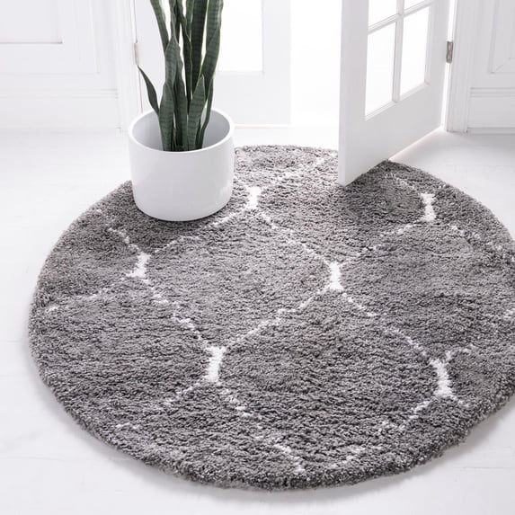 Unique Loom Rabat Shag Collection Area Rug - Fractured (8' Round Gray/Ivory)