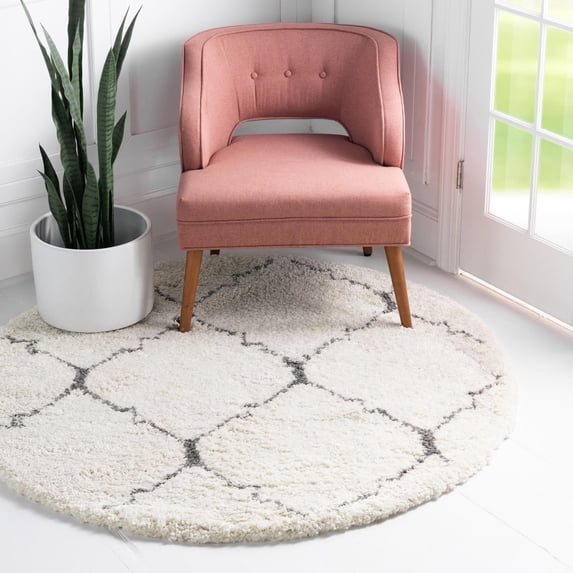 Unique Loom Rabat Shag Collection Area Rug - Fractured (8' Round Ivory/Gray)