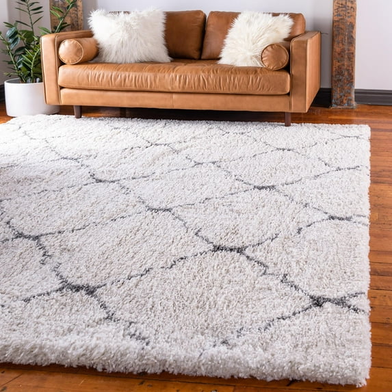 Unique Loom Rabat Shag Collection Area Rug - Fractured (8' Square Ivory/Gray)
