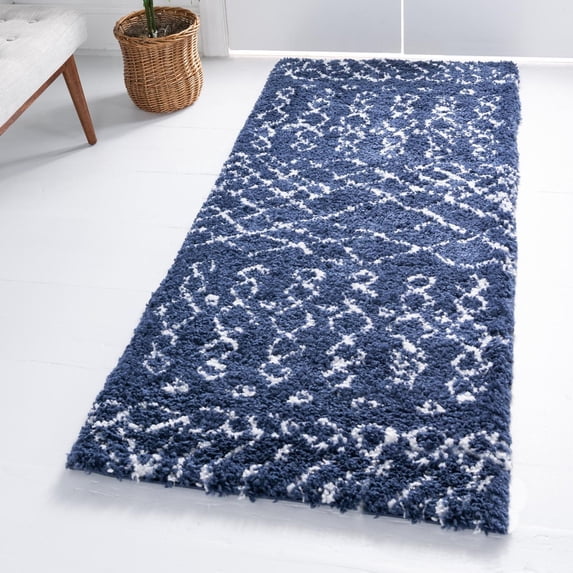 Unique Loom Rabat Shag Collection Area Rug - Geometric (2' 7" x 10' Runner Navy Blue/Ivory)