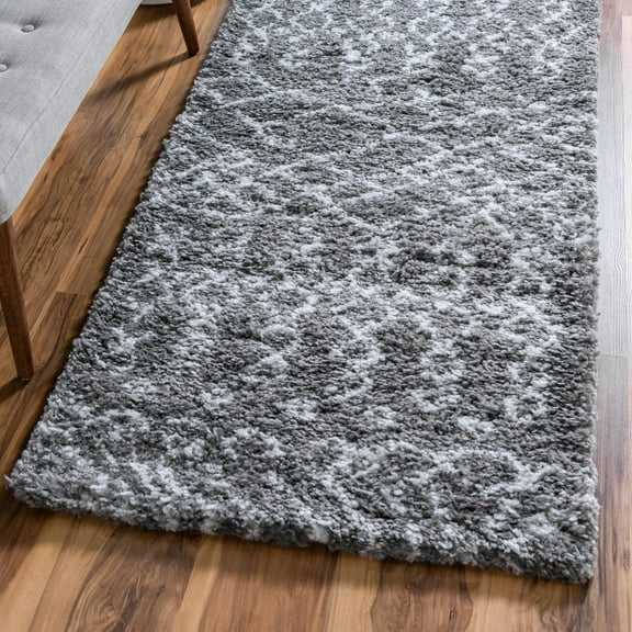Unique Loom Rabat Shag Collection Area Rug - Geometric (2' 7" x 6' 1" Runner Gray/Ivory)