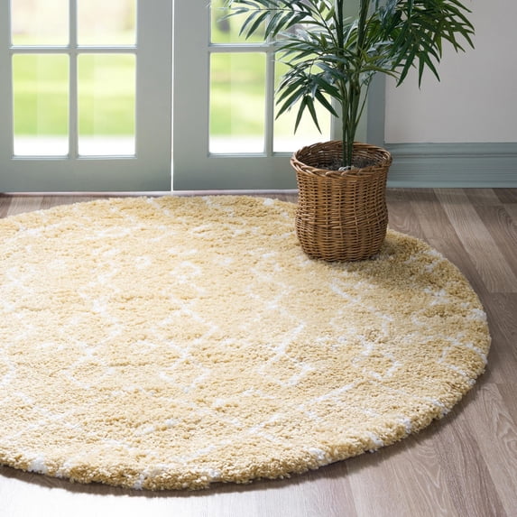 Unique Loom Rabat Shag Collection Area Rug - Geometric (5' 1" Round Yellow/Ivory)