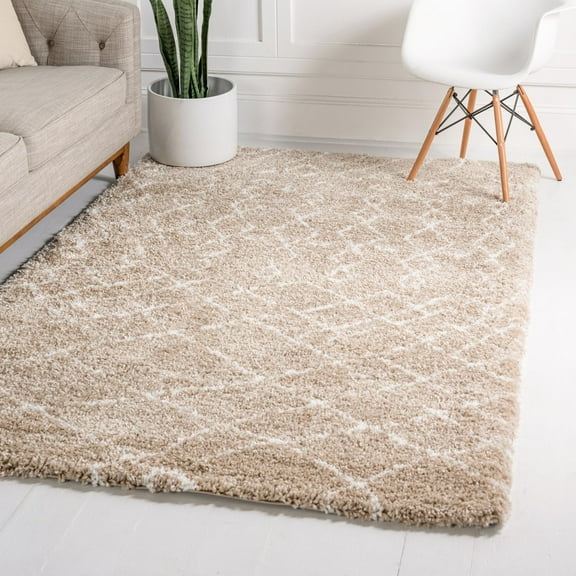 Unique Loom Rabat Shag Collection Area Rug - Geometric (5' 1" x 8' Rectangle Taupe/Ivory)