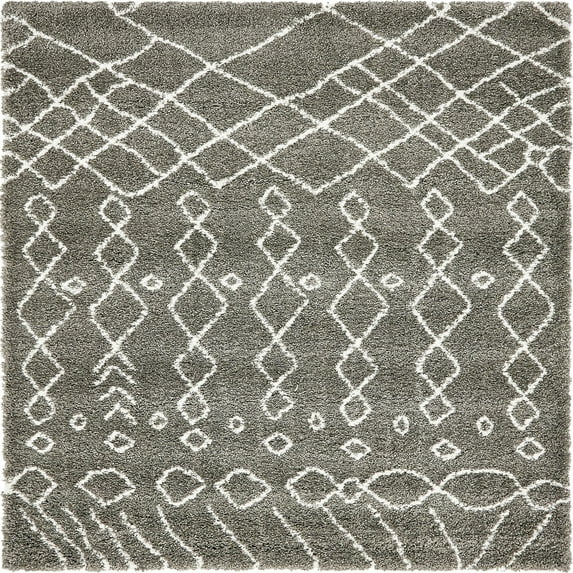 Unique Loom Rabat Shag Collection Area Rug - Geometric (8' Square Gray/Ivory)