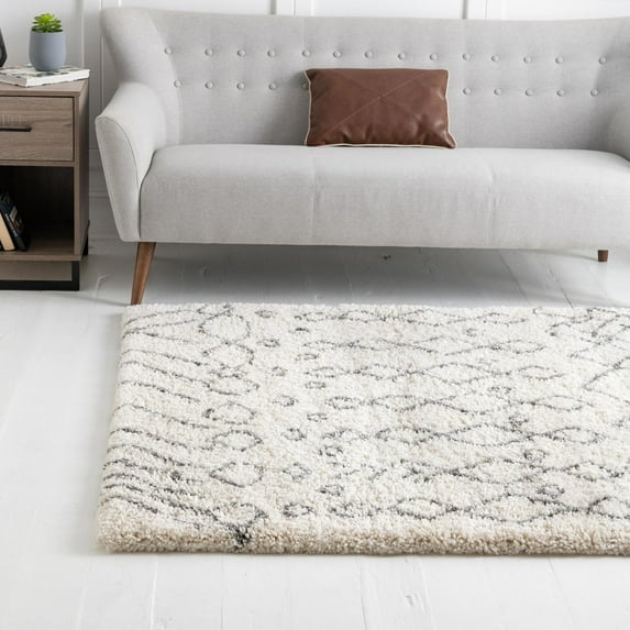 Unique Loom Rabat Shag Collection Area Rug - Geometric (8' Square Pure Ivory/Gray)