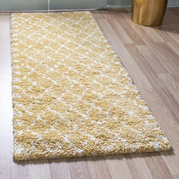 Unique Loom Rabat Shag Collection Area Rug - Marble (2' 7" x 6' 1" Runner Yellow/Ivory)
