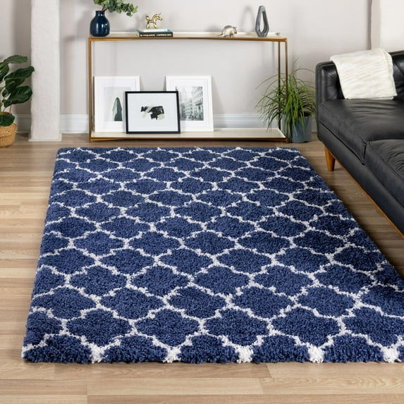 Unique Loom Rabat Shag Collection Area Rug - Marble (7' 10" x 10' Rectangle Navy Blue/Ivory)