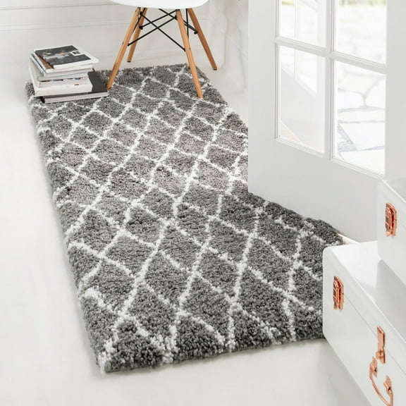 Unique Loom Rabat Shag Collection Area Rug - Trellis (2' 7" x 6' 1" Runner Gray/Ivory)