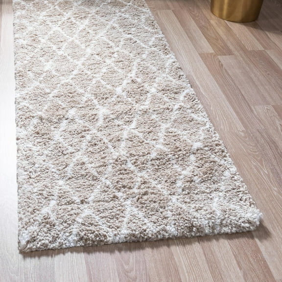 Unique Loom Rabat Shag Collection Area Rug - Trellis (2' 7" x 6' 1" Runner Taupe/Ivory)