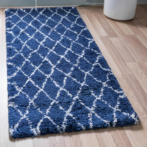 Unique Loom Rabat Shag Collection Area Rug - Trellis (2' 7" x 6' Runner Navy Blue/Ivory)