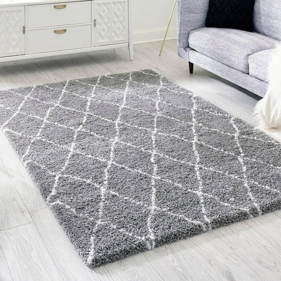 Unique Loom Rabat Shag Collection Area Rug - Trellis (7' 10" x 10' Rectangle Gray/Ivory)