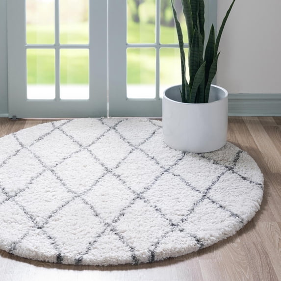 Unique Loom Rabat Shag Collection Area Rug - Trellis (8' Round Pure Ivory/Gray)
