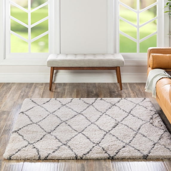 Unique Loom Rabat Shag Collection Area Rug - Trellis (8' Square Pure Ivory/Gray)
