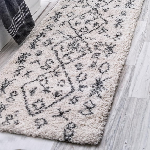 Unique Loom Rabat Shag Collection Area Rug - Tribal (2' 7" x 6' 1" Runner Pure Ivory/Gray)
