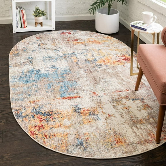 Unique Loom Rainbow Collection Area Rug - Dispersive (3' 3" x 5' 3" Oval Multi/Beige)