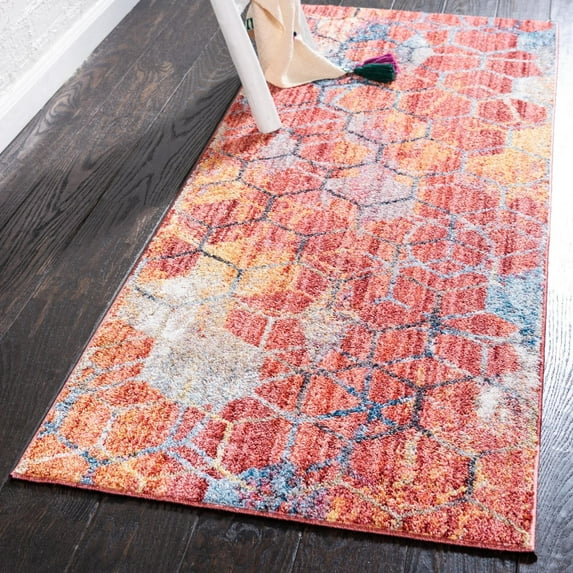 Unique Loom Rainbow Collection Area Rug - Honeycomb (2' x 6' 1" Runner Red/Blue)