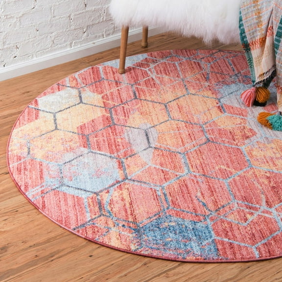 Unique Loom Rainbow Collection Area Rug - Honeycomb (3' 3" Round Red/Blue)