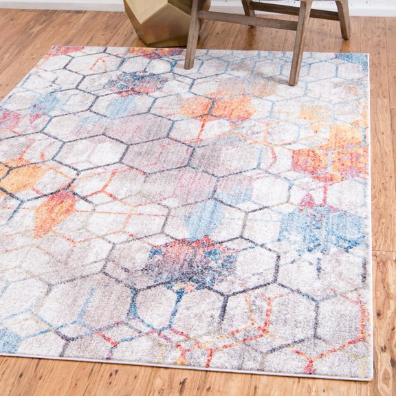 Unique Loom Rainbow Collection Area Rug - Honeycomb (5' 3" x 7' 10" Rectangle White/Black)