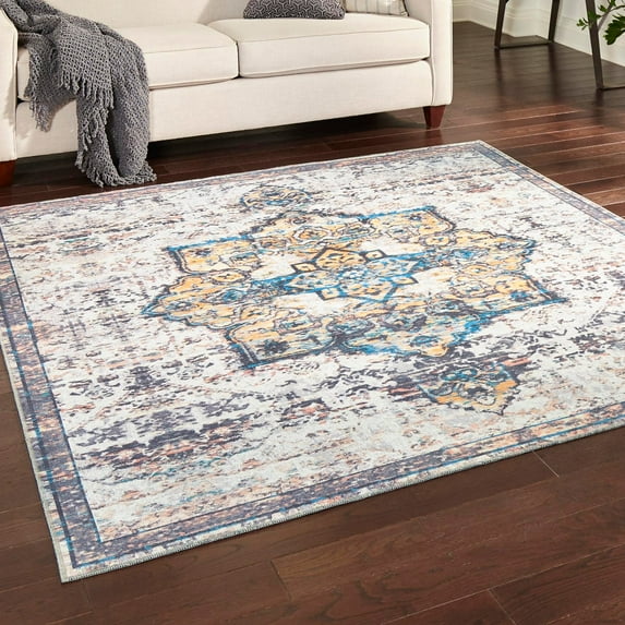 Unique Loom Renaissance Collection Area Rug - Roma (5' 3" Square Sea Salt White/Yellow)